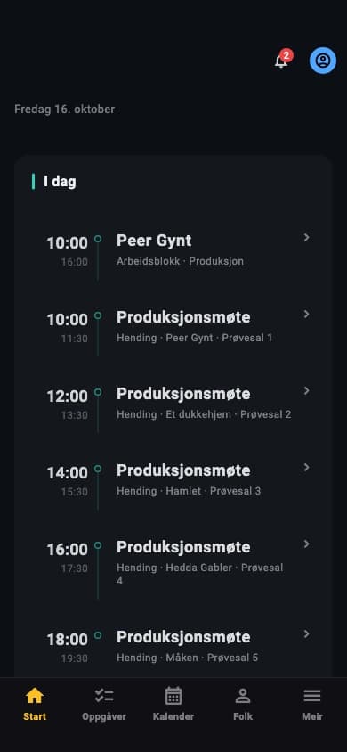 Gjer på mobilen: dagens plan med prøver og produksjonsmøte.